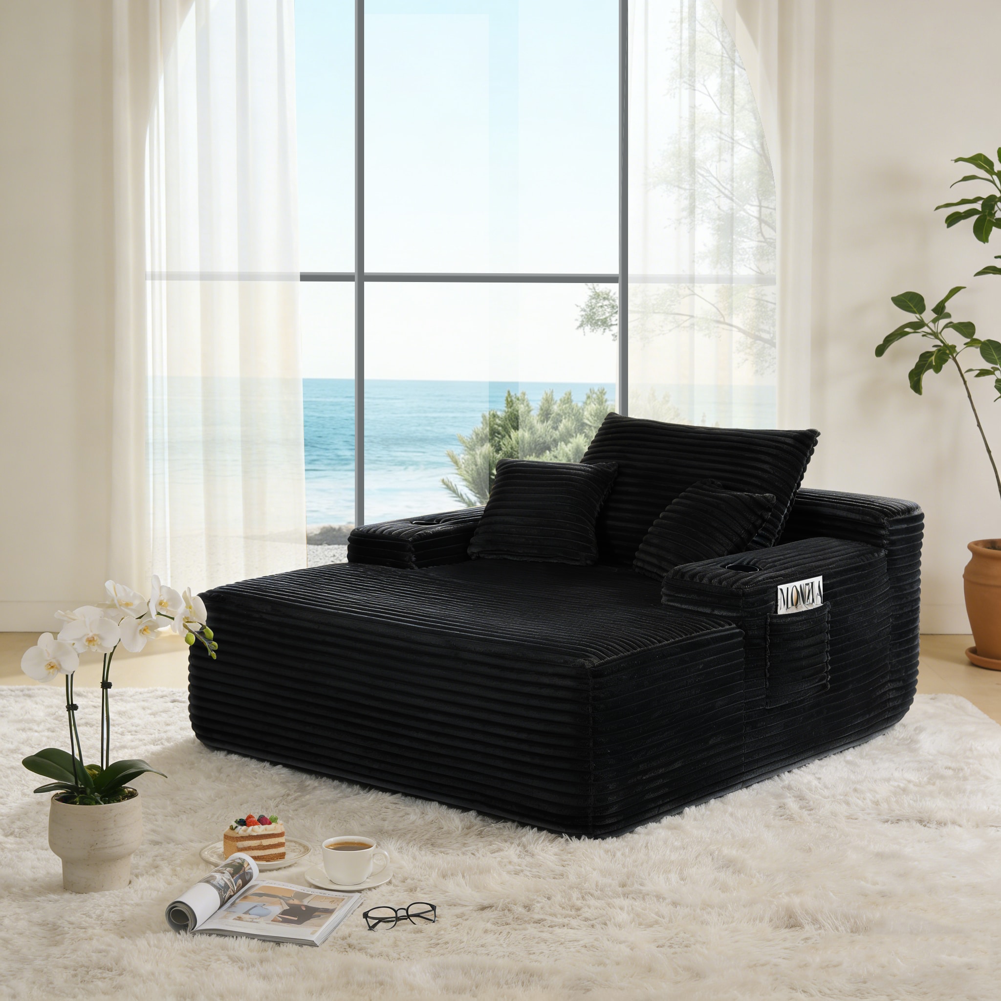 NEW Convertible Chaise Lounge Chair Plush With Wide Armrest & Throw Pillows, Cozy Boneless Sleeper Sofa Bed Armchair, With Cup Holder,for Living Room, Bedroom, No Assembly Required,Black_voghion.com